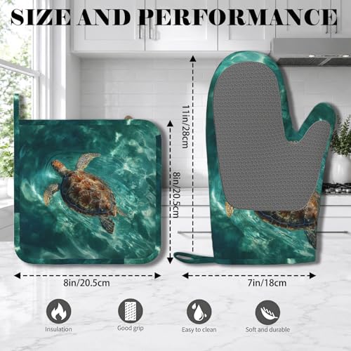 Sea Turtles Ocean Oven Mitts and Pot Holders Sets Silicone Heat Resistant Kitchen Oven Gloves Pot Holder for Cooking Baking Grilling BBQ - color: Sea Turtles Ocean
