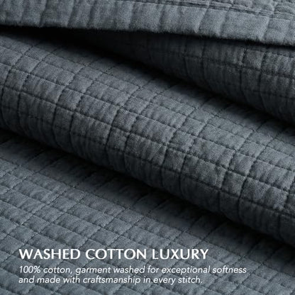 100% Cotton Modern Grid Stitch Quilt Set King Size, Midnight Blue | Pre-Washed Cotton Coverlet Bedspread, Oversized Lightweight 3-Piece Bedding Set for All Season, with 2 Pillow Shams - color: Midnight Blue, size: King (110" X 94")