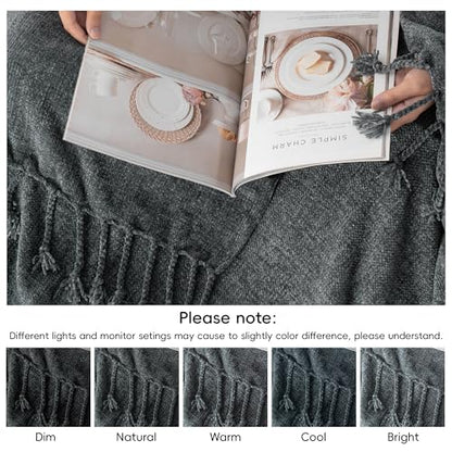 BATTILO HOME Dark Gray Chenille Throw Blanket for Couch, Soft Cozy Textured Knit Throw Blanket with Handmade Fringe Tassels, Lightweight Decorative Farmhouse Blanket for Sofa Bed Chair, 50"x60" | Soft Chenille Knit with Handmade Fringe Tassels, Lightweigh