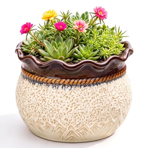 8 Inch Pots for Plants, Ceramic Plant Pots, Beige-Brown | Decorative Indoor Planter for Herb Plants, Unique Round Flower Pot with Drainage Hole, Desktop Decor, Garden Gifts Women - color: Beige Brown, size: 8 Inch