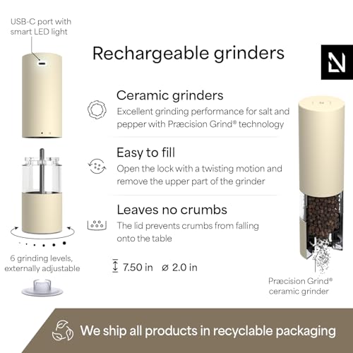 LARS NYSØM Electric Salt and Pepper Grinder Set I Automatic Salt and Pepper Mills with Adjustable Ceramic Grinder I USB Rechargeable Electric Spice Mill Set with LED Light (Almond Beige) - color: Almond Beige, size: Set of two electric mills
