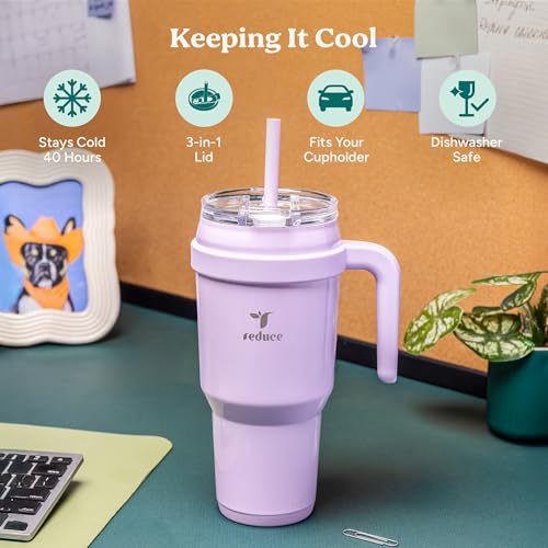 REDUCE 40 oz Stainless Steel Tumbler with Handle - Dual-Wall Vacuum Insulated Travel Mug, Sweat-Proof Lid & Reusable Straw - Keeps Drinks Cold for 24 Hrs, Fits Cupholders, Dishwasher Safe - Matcha - color: Matcha, size: 40 Ounces