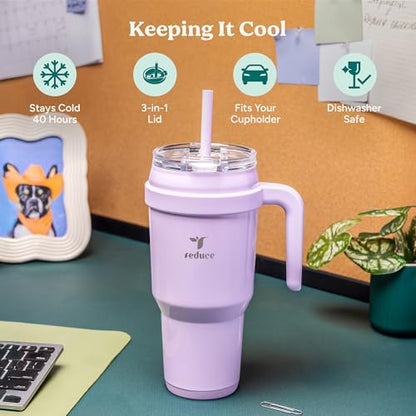 REDUCE 40 oz Stainless Steel Tumbler with Handle - Dual-Wall Vacuum Insulated Travel Mug, Sweat-Proof Lid & Reusable Straw - Keeps Drinks Cold for 24 Hrs, Fits Cupholders, Dishwasher Safe - Matcha - color: Matcha, size: 40 Ounces