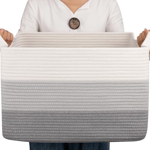 OIAHOMY Woven Blanket Basket Laundry Basket Dog Toy Basket Gradient Grey | Large Storage Basket,Baby Basket,Toy Storage,Woven Rope Basket for Blankets,Blanket Storage for Living Room - color: Gradient Grey, size: 17.7”x13.8”x11”
