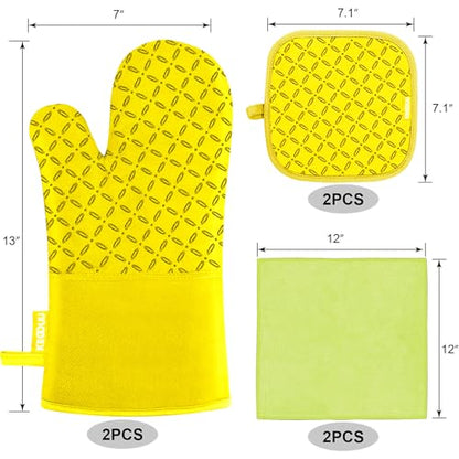 KEGOUU Oven Mitts and Pot Holders 6pcs Set, Kitchen Oven Glove High Heat Resistant 500 Degree Extra Long Oven Mitts and Potholder with Non-Slip Silicone Surface for Cooking (Yellow) - color: Yellow