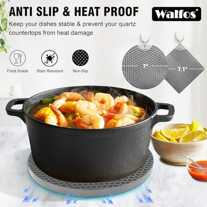 Walfos Silicone Trivet Mats - 4 Heat Resistant Pot Holders, Multipurpose Non-Slip Hot Pads for Kitchen Potholders, Hot Dishers, Jar Opener, Spoon Holder, Food Grade Silicone & BPA Free (Nordic Grey) - style: 7.1+7in, 4 Grey Round + Rectangle