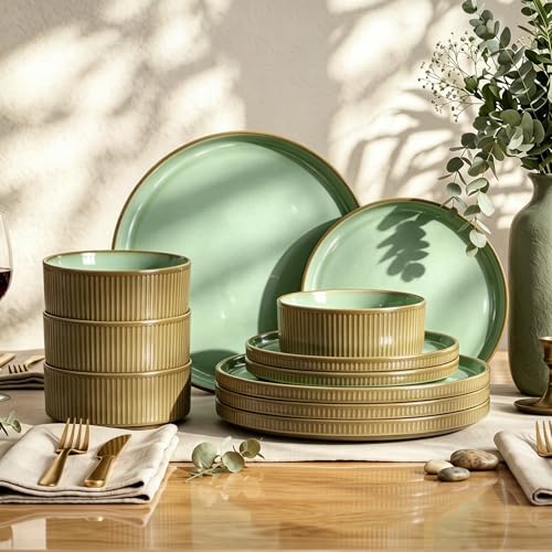 Kitchen Academy Ceramic Dinnerware Set for 4, 12-Piece Plates and Bowls Set | Handmade Reactive Glaze Stoneware Dish Set, Scratch Resistant, Oven & Microwave & Dishwasher Safe, Green Fluted - color: Green, size: Service for 4-12Pcs