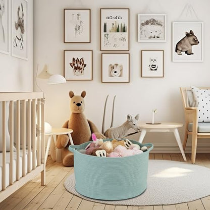 XUANGUO Extra Large Cotton Rope Round Storage Basket 22" x 14" Light Green | Woven basket for blankets, toys, towels, laundry, nursery, living room and pet toy storage. - color: light green