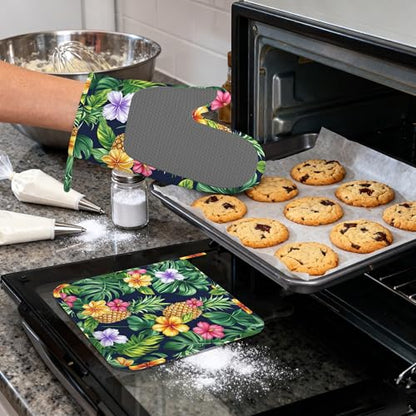 Pineapple Heat-Resistant Silicone Oven Mitts and Pot Holders,Hawaiian Tropical Palm Leave Flower Long Oven Gloves with Non-Slip Grip for Cooking, Baking, Grilling,BBQ - color: Pineapple Hawaiian Tropical Palm Leave Flower
