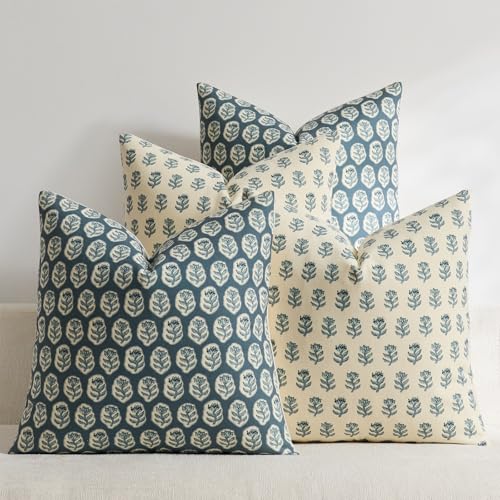 Set of 4 18x18 Floral Pillow Covers, Farmhouse Neutral Print Decorative Throw Pillow Covers for Couch and Living Room Bedroom Home Decor, Vintage Accent Square Pillow Cases, Dusty Blue - color: Dusty Blue