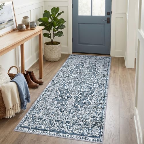 KUTA Vintage Washable Runner Rug 3x6 Blue White Wide Runners for Hallways | Non-Slip, Non-Shedding, Low Pile, Easy Clean Distressed Flower Runners For Bathroom Kitchen Entryway Bedroom Laundry Foyer - color: Blue Floral, size: 3' x 6' (Runner)