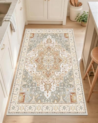 OLANLY 2x4 Washable Accent Rug Non Slip Carpet for Entryway Kitchen Bedside | Beige Boho Vintage Floral Medallion Farmhouse Accent Rug, Spill & Stain Resistant Low Pile, for Laundry Room Office Bedroom - color: Beige, size: 2' x 4' (Rectangular)