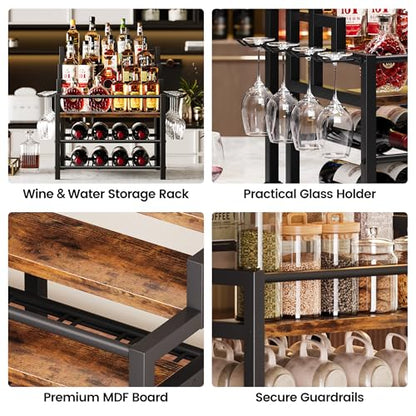 6-Tier Liquor Bottle Display Shelf, Holds up to 24 Bottles, Countertop Wine Racks with 8 Wine Glass Holders, Mini Wine Bar Cabinet for Home, All in One Coffee Syrup Whiskey Organizer