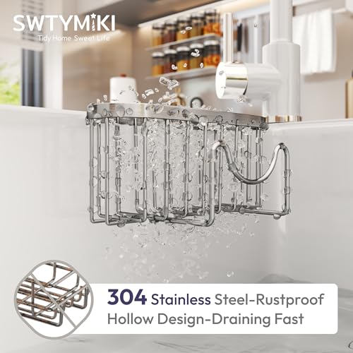 SWTYMIKI Sponge Holder for Kitchen Sink - Movable Kitchen Caddy with M Shape Hook, Stainless Steel Hanging Sponge Caddy for Sponges, Brush, Stopper Organizer in Double Bowl Sink, Silver - color: Silver-regular