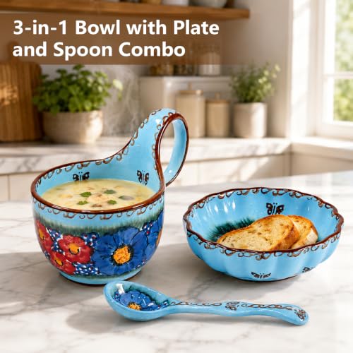 3 Piece Hand Painted Loop Handle Soup Bowl, Plate and Spoon Set,13.37oz Ceramic Cereal Cup for Coffee,Floral Bowl Set for Soup Snack Ice Cream Stew Microwave Dishwasher Safe (Blue) - color: Ocean Blue