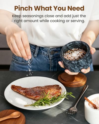Salt and Pepper Containers, Marble Salt Cellar Set of 2 with Wood Lids and Spoons, Black and White Salt Keeper Bowls for Kitchen Counter, Sugar, Spices and Dry Seasonings - color: White+Black