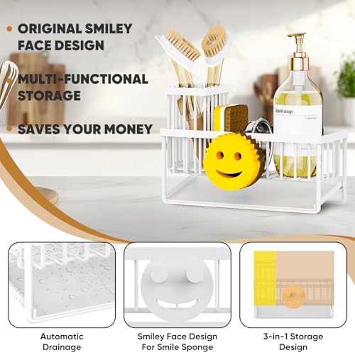 Sponge Holder for Kitchen Sink,Smiley Face Sink Caddy with Removable Brush Holder,Self-Draining Sponge Caddy for Sponge,Soap,Dish Brush,Scrubber,Kitchen Essentials and Gadgets-White - color: 1 Tier White