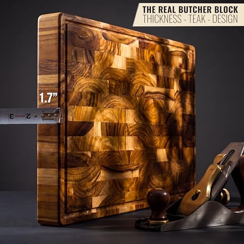 XXL Teak Wood Cutting Board for Kitchen, End Grain ExtraThick Butcher Block | 25 x 15 Inch (ExtraThick 1.7") Professional Heavy Duty Hardwood Non Toxic Wooden Chopping Board (Oil & Plate Included) - color: Teak Wood, size: 24"L x 15"W