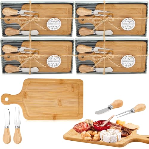 4 Set Bridal Baby Shower Cheese Prizes Wooden Square Board Gift Set Knives Forks Thank You Tags with Box for Guests for Valentines Bridal Baby Shower Housewarming Gifts (Bamboo Color) - color: Bamboo Color