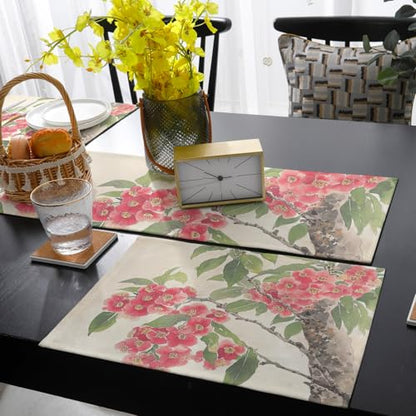 Table Runner and Placemats Set of 6 Flowers Leaves Decorative Dining Table Runner with Matching Placemats Retro Floral Red Table Decor for Kitchen Dining Room and Everyday Use 13x90in - size: 13"x90"+6pcs