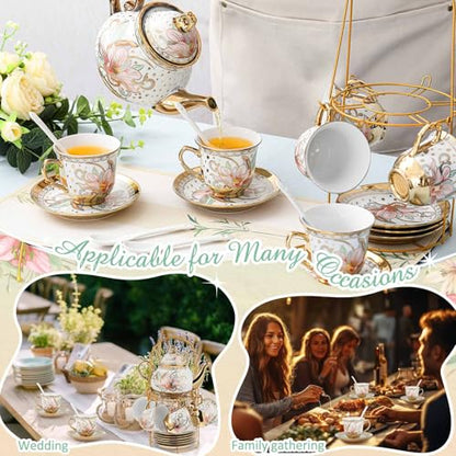Zhehao 20 Pcs Porcelain Tea Set with Metal Holder and Spoon Adult Ceramic Tea Set European Flower Painting Teapot Cup Saucer Spoon for Women Mom Gift, Large Version (Traditional Style) - color: Traditional Style