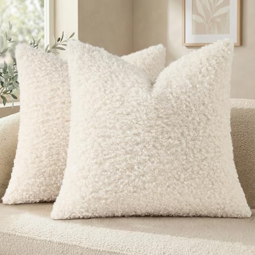 decorUhome Sherpa Throw Pillow Covers 16x16 Set of 2 Neutral Cream | Soft Fuzzy Texture, Heart-Shaped Zipper, Cozy Square Accent Pillow Covers for Sofa Couch Living Room Bedroom, Neutral Style - color: Cream, size: 16" x 16" (Pack of 2)