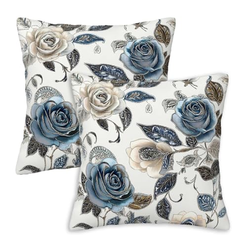 Blue Rose Throw Pillow Covers 18x18 Set of 2, Ivory Floral Decorative Cushion Covers for Couch Sofa Bed, Vintage Botanical Home Decor Pillow Cases for Living Room Bedroom - color: Vintage Rose