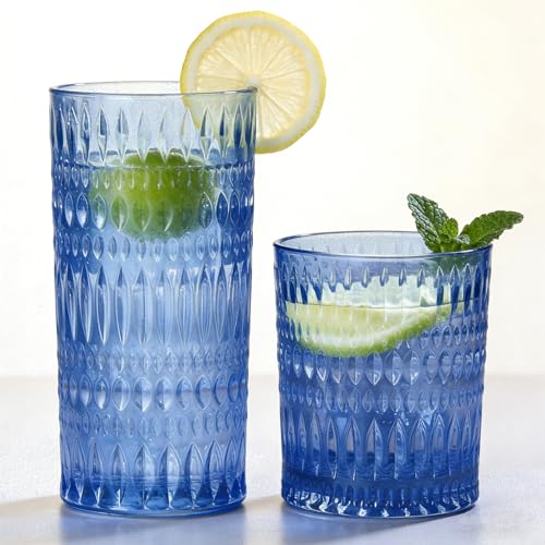 Loivttvv Glassware Drinking Glasses Set of 8, 14 oz Highball Glasses & 10 oz Ribbed Glass Cups, Vintage Glassware for Water, Juice, Cocktail, Whiskey (Blue) - color: Blue