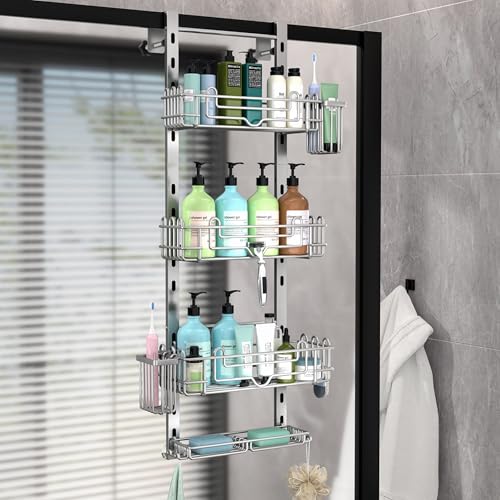 HapiRm Hanging Shower Caddy Organizer - Shower Shelf with 22 Hooks and 2 Toothbrush Holders, No Drilling Adjustable Hanging Bathroom Organizer - Silver - color: Silver, size: 4-tier
