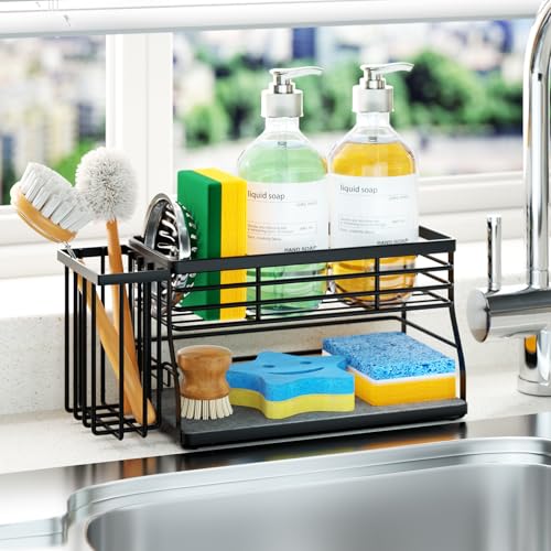 SWTYMIKI Sponge Holder for Kitchen Sink - 2 Tier Rustproof Sink Caddy with Instant Drying Stone, Removable Dish Brush Holder, Stainless Steel Kitchen Caddy for Coutertop Storage Accessories - color: Black-2 Tier