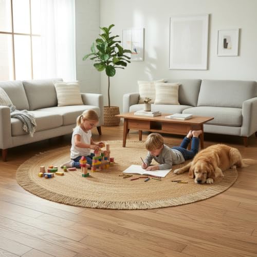 Hand Woven Jute Round Rug, Natural Reversible Boho Area Rug for Entryway, Kitchen, Living Room and Bedroom I Farmhouse Indoor Floor Rug - 5ft, Circular - size: 5' (Round)