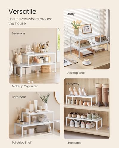 SONGMICS Spice Racks Expandable Kitchen Countertop Shelves, Metal | Set of 2 small cupboard organizers, space-saving tabletop shelves, Matte White, UKCS402W01 - color: Matte White, size: Set of 2