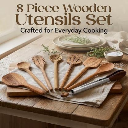 SANJH Teak Wooden Utensil Set for Cooking - 8 Piece Teak Wooden Spoons Set | Spatula Scraper Pasta Spoon Rice Paddle Tongs, Smooth Sanded Finish, Comfortable Grip Handles, Gentle on Cookware