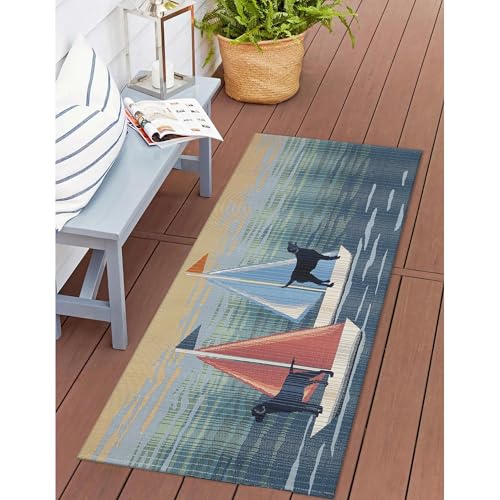 Liora Manne Esencia Machine Washable Non-Slip Low Profile Indoor/Outdoor Mat-Transitional, Nautical, Dog, Whimsical, See Spot Sail Blue 1'11" x 4'11" - color: See Spot Sail Blue, size: 1'11" x 4'11" (Rectangular)