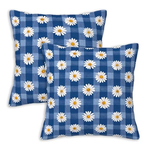 Blue Gingham Check Throw Pillow Covers 18x18 Set of 2 | Country Cottage Farmhouse Cushion Cases for Bedroom Couch Porch | Daisy Spring Summer Home Decor, Decorative Pillowcases - color: Gingham Daisy