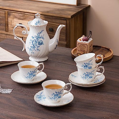 Agyiuns tea cups and saucers ceramic coffee mug 6oz for Coffee, Latte, Cafe Mocha and Tea-Set of 4,Blue - color: White with blue flowers