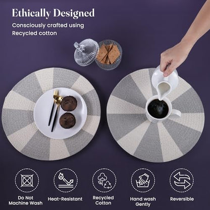 The Fine Living Braided Cotton Placemats, Round Table Mats, Set of 6,13.5" | Washable Anti-Slip Heat Resistant Braided Mats, Boho Woven Mats for Table Decor, Kitchen and Dining