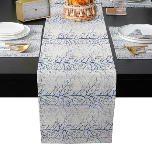 Table Runner and Placemats Set of 4 Tree Branch Decorative Dining Table Runner with Matching Placemats Plant Blue Table Decor for Kitchen Dining Room and Everyday Use 13x70in - size: 13"x70"+4pcs