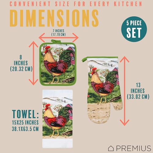 5 Piece Printed Kitchen Linen Set, 2 Cotton Towels, 2 Potholders, 1 Oven Mitt with Hanging Loop, 100% Cotton Material on Front & Polyester Backing, Kitchen Gadget (Rooster) - color: Rooster
