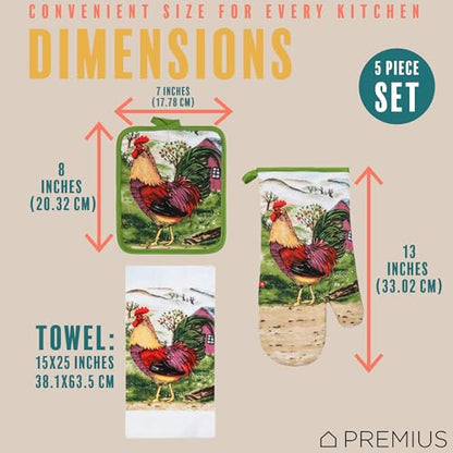 5 Piece Printed Kitchen Linen Set, 2 Cotton Towels, 2 Potholders, 1 Oven Mitt with Hanging Loop, 100% Cotton Material on Front & Polyester Backing, Kitchen Gadget (Rooster) - color: Rooster