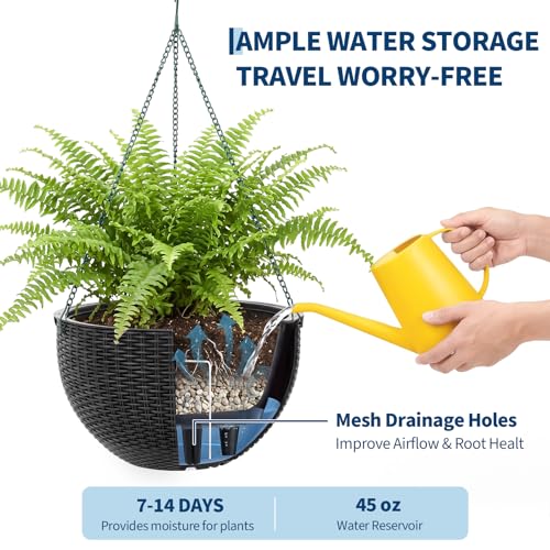 13.8 Inch Self Watering Hanging Planter, 2PCS Round Resin Hanging Basket for Indoor Outdoor Plants, Rattan Look Flower Pot with Drainage Plug, Deep Inner Pot and Sturdy Metal Triple-Chain Hanger - color: Black
