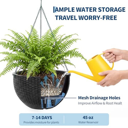 13.8 Inch Self Watering Hanging Planter, 2PCS Round Resin Hanging Basket for Indoor Outdoor Plants, Rattan Look Flower Pot with Drainage Plug, Deep Inner Pot and Sturdy Metal Triple-Chain Hanger - color: Black