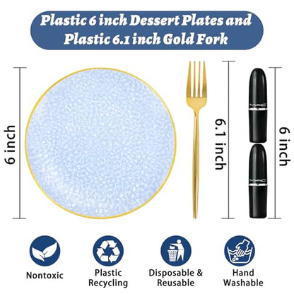 Rubtlamp 200 Pcs Blue Dessert Plates, 6 Inch Gold Rim Hammered Appetizer Plates WIth Gold Dessert Fokrs, Small Fancy Salad Plates Include 100 Cake Plate 100pcs 6inch Forks for Party Bridal Teatime - color: Blue gold