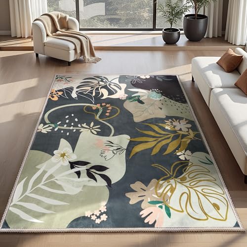 Joiedomi Area Rugs for Living Room Washable 4X6 Rug for Bedroom Non-Slip Soft Carpet with Rubber Backing Art Florafor Indoor Floor Dining Room Kids Nursery Bedside (Olive-Green) - color: 03 - Olive Green, size: 4'x6'