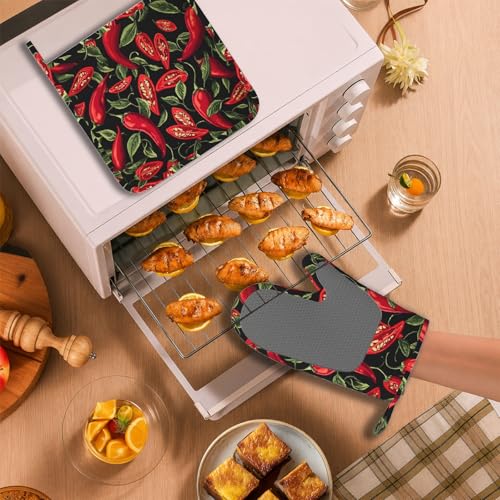 Mexican Hot Pepper Chili Oven Mitt and Pot Holder with Silicone Heat Resistant Kitchen for Cooking BBQ Baking Grilling Cooking Protection - color: Mexican Hot Pepper Chili
