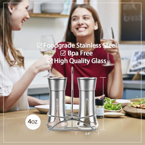 Aelga Salt and Pepper Shakers with Holder, Salt Shaker for the Kitchen with Adjustable Pour Holes for Himalayan, Kosher, and Sea Salts - color: Silver