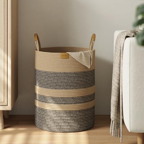 Nunsino 62L Striped Laundry Hamper with Leather Handles,Large Foldable Laundry Basket for Clothes,Cotton Rope Storage Bin for Blankets,Woven Clothes Basket for Bedroom,Dark Brown Stripes - color: Dark&Brown, size: 62L/16.3Gal