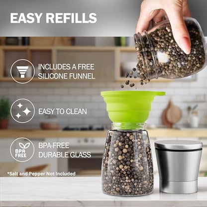 Home EC Original Stainless Steel Sea Salt and Pepper Grinder Set of 2 - Adjustable Ceramic - Glass Salt and Pepper Shakers - Kitchen Pepper Mill & Salt Mill W/Funnel & EBook - color: Clear Glass, size: 2pk