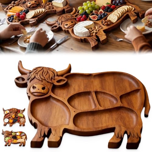 12.5"*11.8" Wooden Highland Cow Charcuterie Board, Divided Serving Tray Board Made from Natural Solid Wood, Rustic Farmhouse Style Wood Decorative Serving Tray, for Meat, Cheese, Crackers (Type-A) - color: Type-a