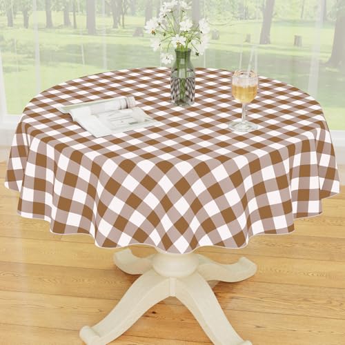 Smiry Plastic Table Cloth, Waterproof Vinyl Tablecloth with Flannel Backing, Wipeable Buffalo Plaid Table Cover for Picnic, Indoor and Outdoor (Brown & White, 60" Round) - color: Brown & White, size: 60" (Round)